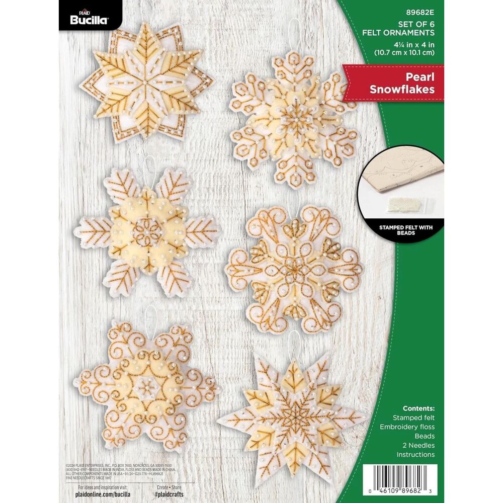 Bucilla Pearl Snowflakes Felt Sequin Applique Christmas Ornament Kit Set of 6